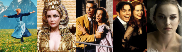 Da esquerda para a direita: Noviça Rebelde, Cleópatra, Amor Sublime Amor, Moulin Rouge! - Amor em Vermelho, Cisne Negro. Todos relançados em Blu-Ray e DVD às vésperas do Oscar.